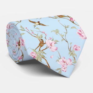 Blaue und rosa Chinoiserie-Botanik-Vögel und -Blum Krawatte