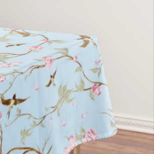 Blaue und rosa Chinoiserie-Botanik-Vögel und -Blum Tischdecke