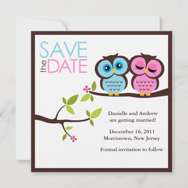 Blaue und rosa Eulenhochzeit Save The Date (Vorderseite)