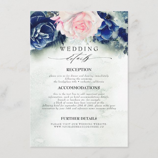Blaue und rosa farbene Blume Hochzeitsinformatione Begleitkarte (Vorderseite)