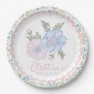 Blaue und rosa grandmillennial Blumen Sweet 16 Pappteller