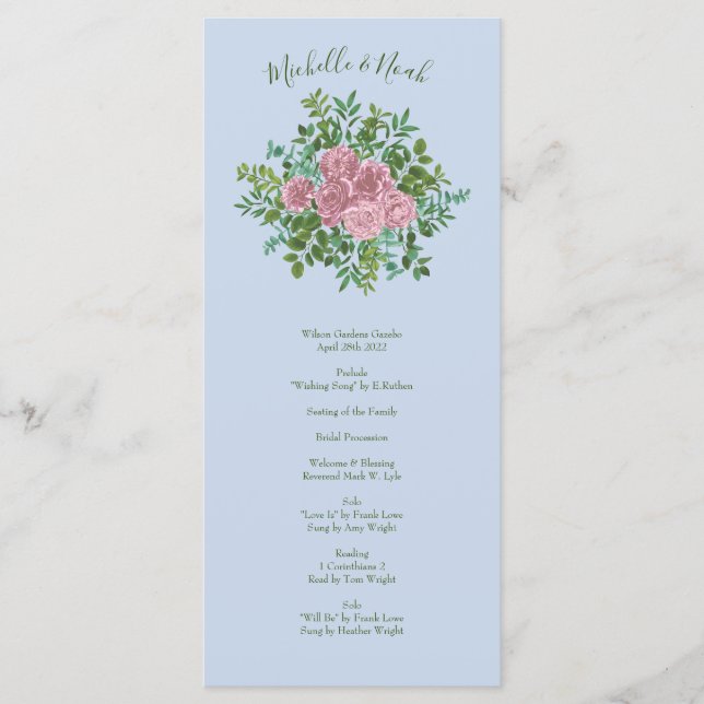 Blaue und rosa Hochzeitsheime Pastellblütenfrüchte Menükarte (Vorderseite)