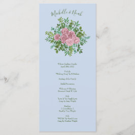 Blaue und rosa Hochzeitsheime Pastellblütenfrüchte Menükarte