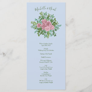 Blaue und rosa Hochzeitsheime Pastellblütenfrüchte Menükarte