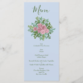 Blaue und rosa Hochzeitsheime Pastellblütenfrüchte Menükarte