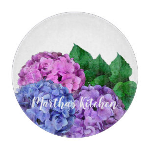 Blaue und rosa Hortensienblüten personalisiert  Schneidebrett