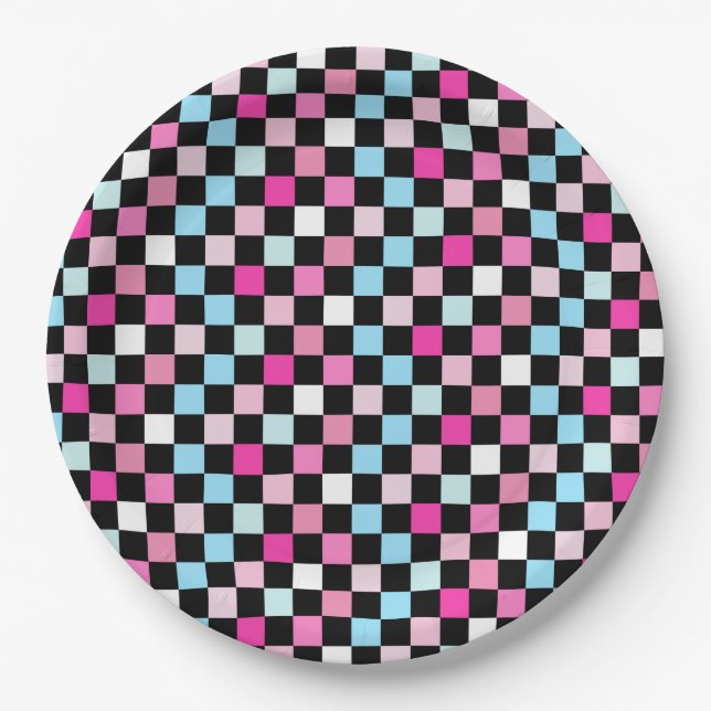 Blaue und rosa karierte Vintage-Muster Pappteller (Vorderseite)