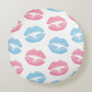 Blaue und rosa Lippenmuster, Lipstick, Kiss Rundes Kissen