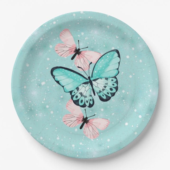 Blaue und rosa Pastellschmetterlinge Pappteller (Vorderseite)