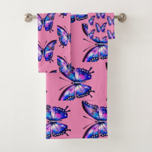 Blaue und rosa Schmetterling Badhandtuch Set