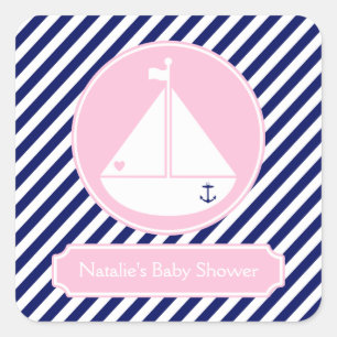 Blaue und rosa Segelboot-Babyparty Quadratischer Aufkleber