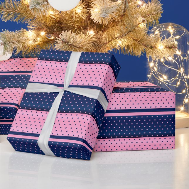 Blaue und rosa Streifen und Polka-Punkte Geschenkpapier (Feiertage)