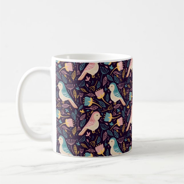 Blaue und rosa Vögel mit Blume und Blätter auf Dar Kaffeetasse (Links)