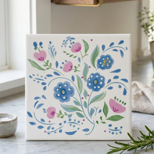 Blaue und rosa volkstümliche Blumendekoration Fliese