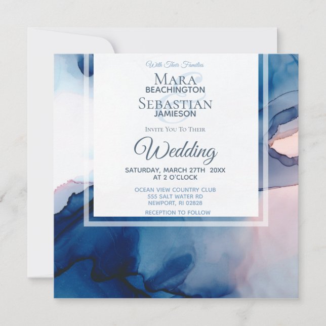 ~ Blaue und rosa Wasserfarbe Elegant Trendy Weddin Einladung (Vorderseite)