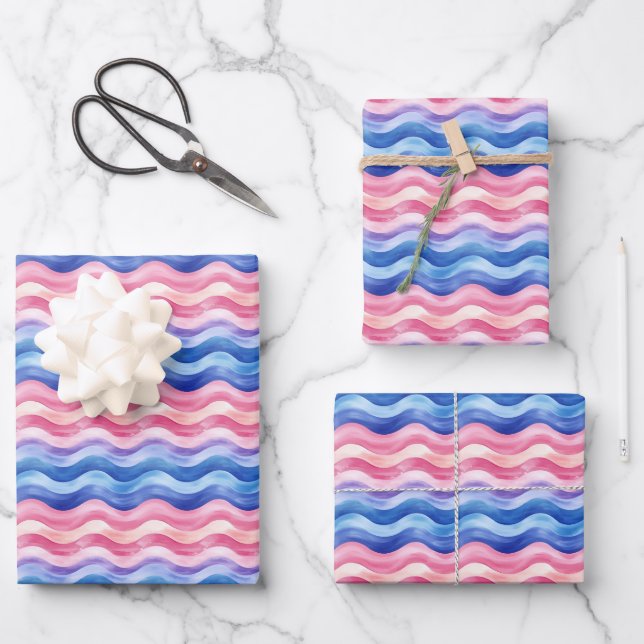 Blaue und rosa Wavy Lines Geschenkpapier Set (Vorderseite)