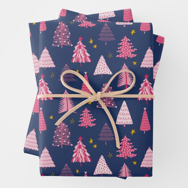 Blaue und rosa Weihnachtsbaummuster Geschenkpapier Set (Beispiel)