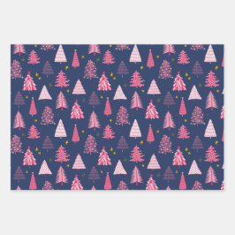 Blaue und rosa Weihnachtsbaummuster Geschenkpapier Set
