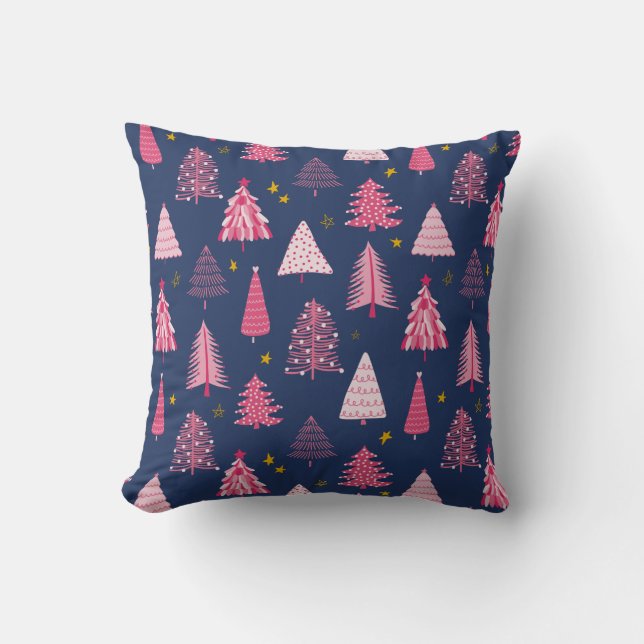 Blaue und rosa Weihnachtsbaummuster Kissen (Vorderseite)