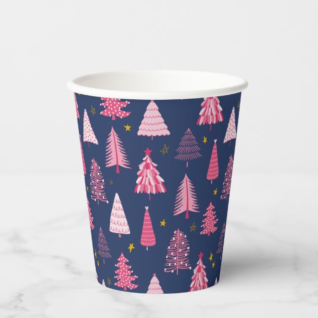 Blaue und rosa Weihnachtsbaummuster Pappbecher (Vorderseite)