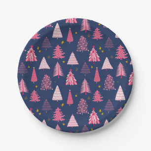 Blaue und rosa Weihnachtsbaummuster Pappteller