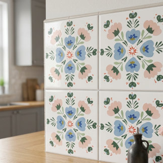 Blaue und rosafarbene florale Volkskunst-Dekorativ Fliese