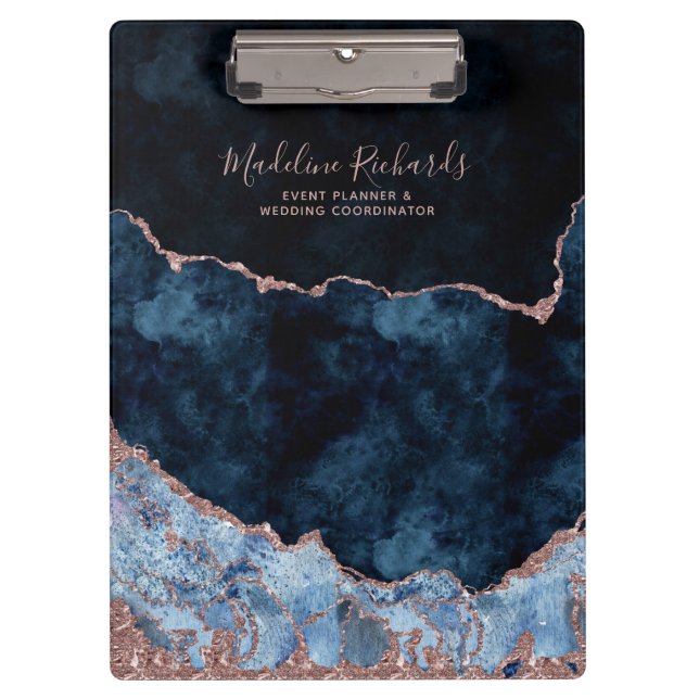 Blaue und Rose Goldfolie Wasserfarben Marmorstube  Klemmbrett (Vorderseite)