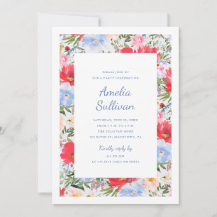Blaue und rote Aquarell-Blumenparty-Einladung Einladung