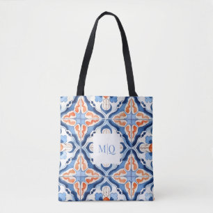 Blaue und rote Blumenfliese Tasche
