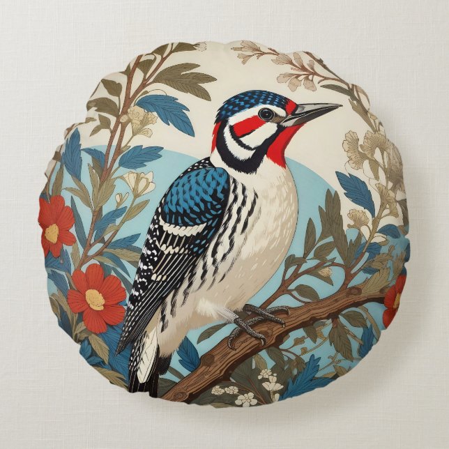 Blaue und Rote Fleckvögel Inspiriert Rundes Kissen (Vorderseite)