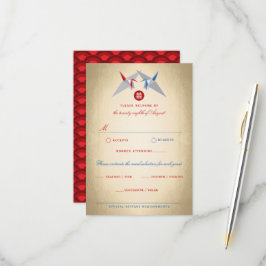 Blaue und rote Origami-Papierkran - Asiatische Hoc RSVP Karte