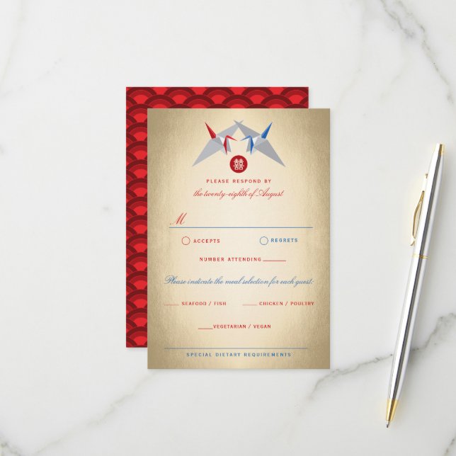 Blaue und rote Origami-Papierkran - Asiatische Hoc RSVP Karte (Vorderseite/Rückseite Beispiel)