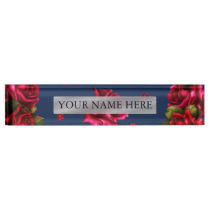 Blaue und rote Rosen Blumenschild mit individuelle Namensplakette