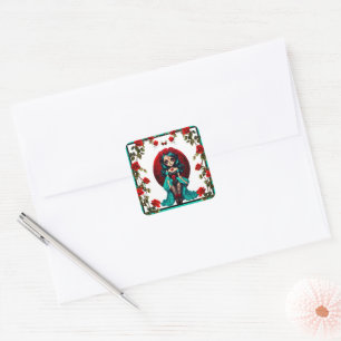 Blaue und Rote Rosen Zucker-Schädel Quadratischer Aufkleber