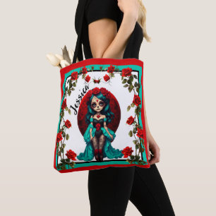 Blaue und Rote Rosen Zucker-Schädel Tasche