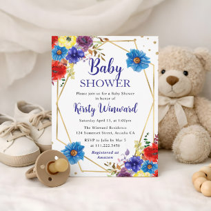 Blaue und rote Sommerblumen-Rahmen-Baby-Party Einladung