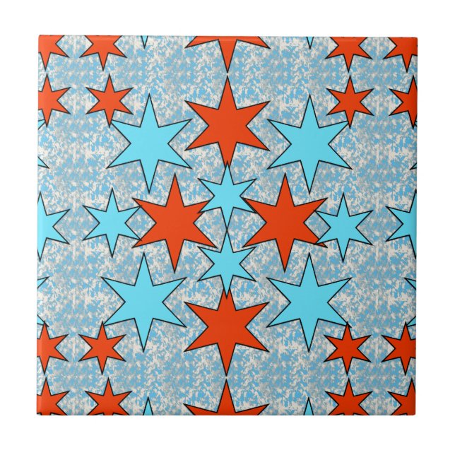 Blaue und rote Sterne Muster Fliese (Vorderseite)