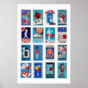 Blaue und rote Streichholzschachtel-Label-Collage, Poster