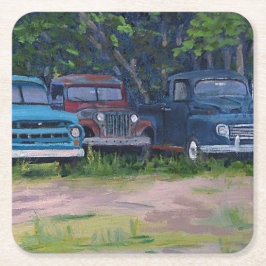 Blaue und rote Vintage Lastkraftwagen, Originalgem Rechteckiger Pappuntersetzer