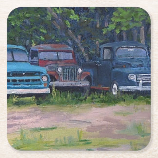 Blaue und rote Vintage Lastkraftwagen, Originalgem Rechteckiger Pappuntersetzer