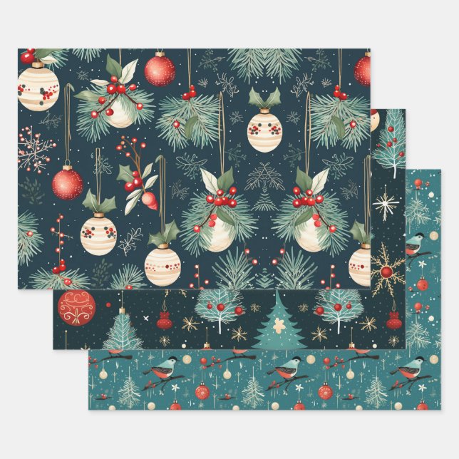 Blaue und rote Weihnachtsmuster Geschenkpapier Set (Set)
