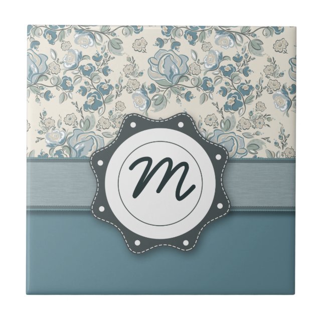 Blaue und SahneRosen mit Monogramm Fliese (Vorderseite)