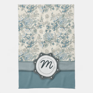 Blaue und SahneRosen mit Monogramm Handtuch