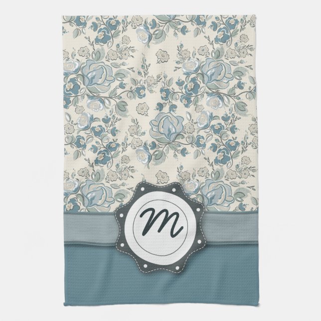 Blaue und SahneRosen mit Monogramm Handtuch (Vertikal)