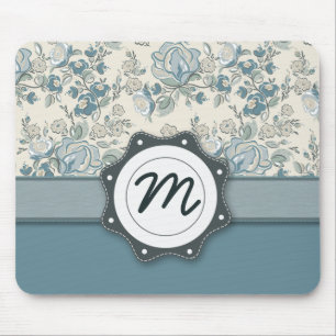 Blaue und SahneRosen mit Monogramm Mousepad