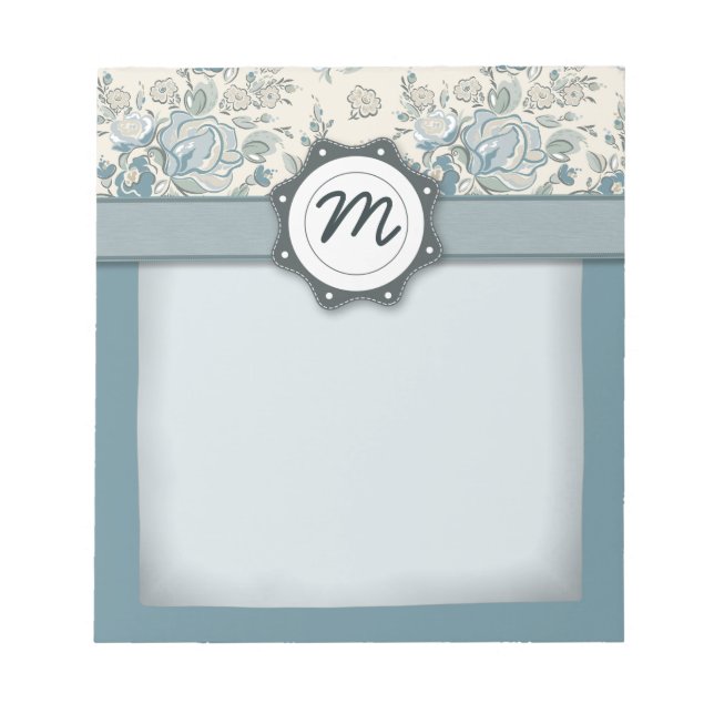 Blaue und SahneRosen mit Monogramm Notizblock (Vorderseite)
