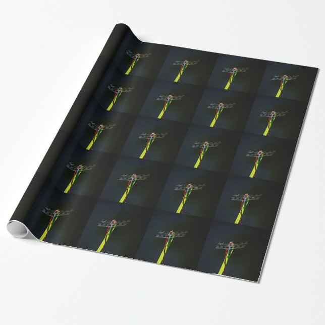 Blaue und schwarze Libelle auf grünem und rotem Gr Geschenkpapier (Ungerollt)