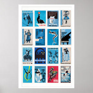 Blaue und schwarze Matchbox-Etiketten-Collage, min Poster