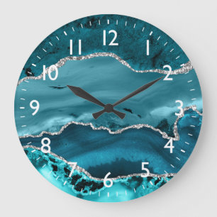 Blaue und silberne falsche Glitter-Marmor-Achat Große Wanduhr