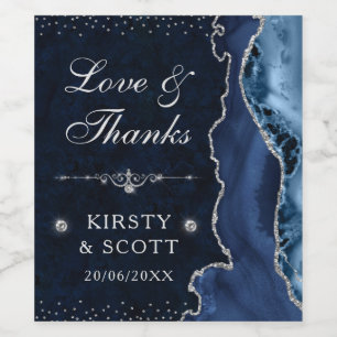Blaue und silberne Glitter-Achat- und Marmor-Hochz Weinetikett